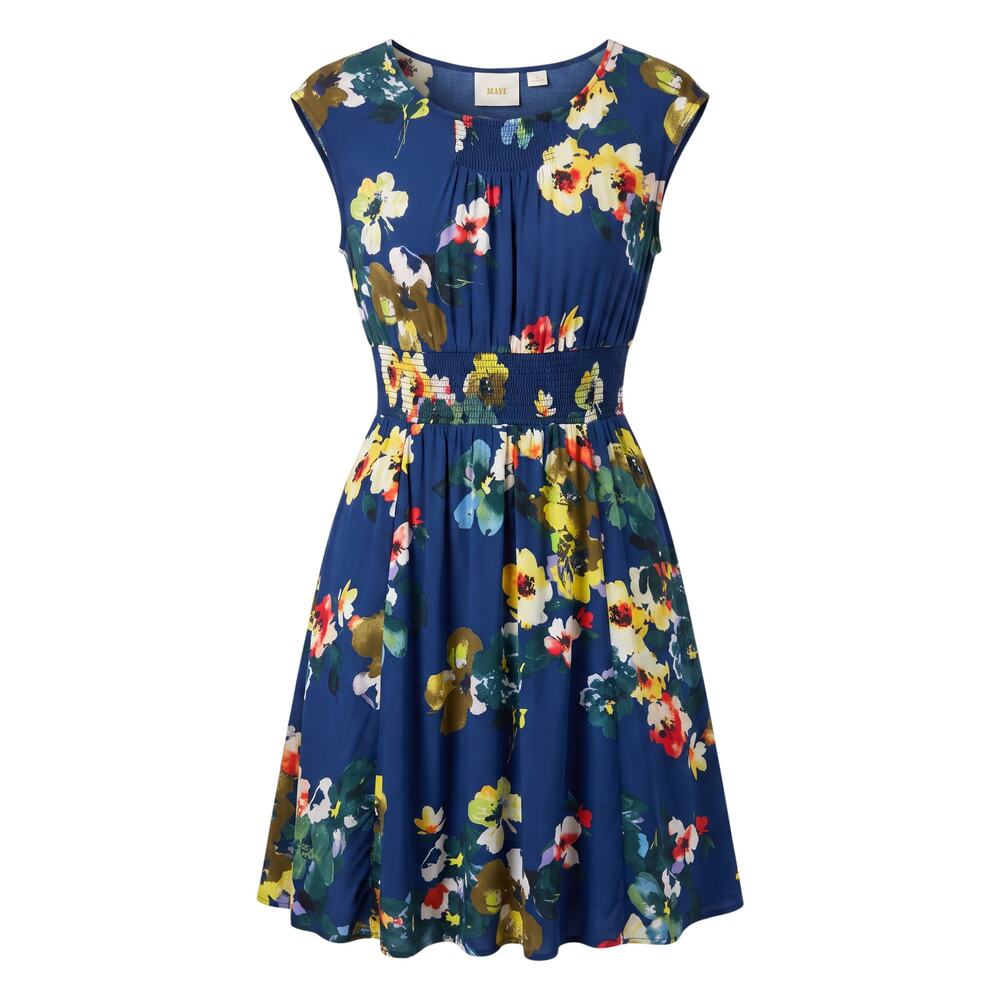 Maeve navy floral sleeveless dress with smocked waist, round neckline, flared sk